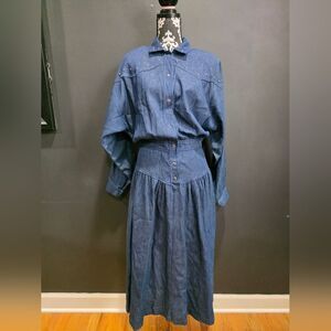 Vintage Denim Drop Waist Snap Front Studded Long Sleeve Dress No Size